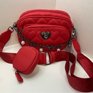 Luv Betsey Johnson Red Quilted Hearts W Chain Crossbody purse LBLIA